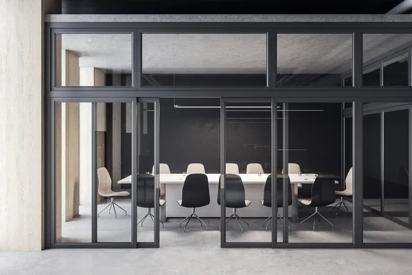 Bright meeting room interior with blank black wall.  Workplace and corporate concept. 3D Rendering