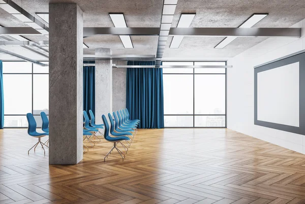 Modern interior of a presentation room with blue chairs and blank screen. Conference and presentation concept. 3D Rendering