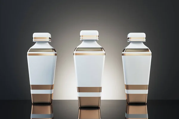 Trzy Szklane Eleganckie Perfumy Szarym Tle Kosmetologia Koncepcja Higieny Renderowanie — Zdjęcie stockowe