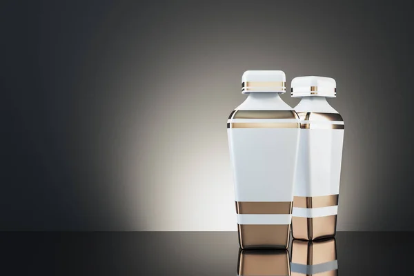 Dwa Szklane Eleganckie Perfumy Szarym Tle Kosmetologia Koncepcja Higieny Renderowanie — Zdjęcie stockowe