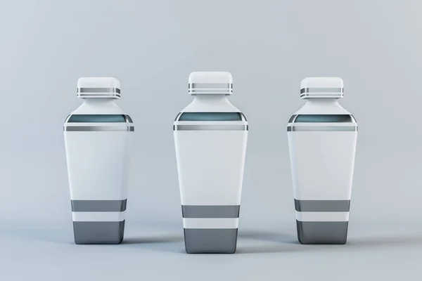 白い背景に3本の香水のガラス瓶 化粧品と衛生の概念 3Dレンダリングをモックする — ストック写真