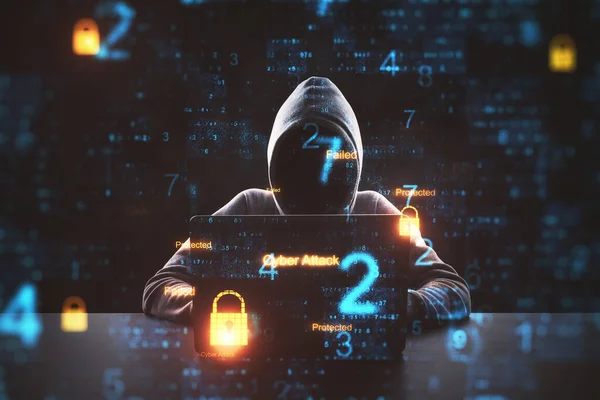Cyber Atak Procesie Hakerem Pomocą Laptopa Ikony Zabezpieczeń Komputerowych Cyfrowych — Zdjęcie stockowe