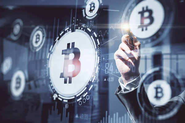 Handzeichnung Von Bitcoin Und Geschäftsstatistik Auf Dem Virtuellen Bildschirm Kryptowährung — Stockfoto