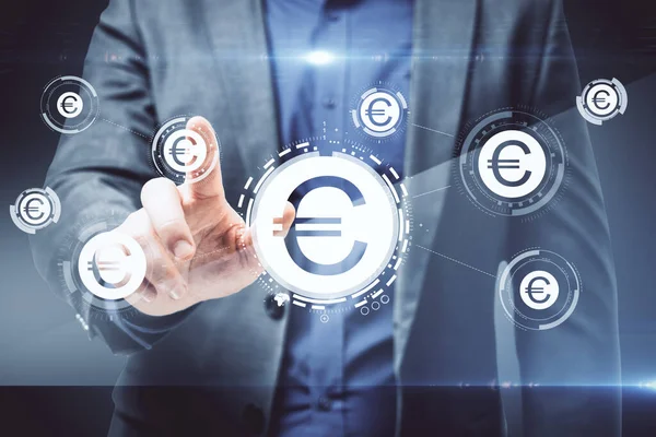 Empresario Mano Uasing Interfaz Icono Del Euro Pantalla Virtal Criptomoneda — Foto de Stock