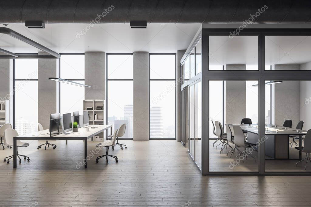 Bright contemporary office interior hall with computer and city view.  Workplace and corporate concept. 3D Rendering