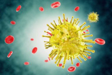 Sarı koronavirüs 2019 nCov hücreleri ve kan vücutları. Koronavirüs kavramı. Sağlık ve bağışıklık sistemi. 3d oluşturma