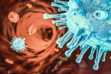Mavi Coronavirus 2019 nCov hücreleri ve kan vücutları. Sağlık ve bağışıklık sistemi konsepti. 3d oluşturma