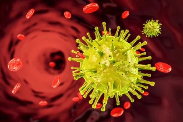 黄色のコロナウイルス2019 Ncov細胞および血液体 医療と免疫学の概念 3Dレンダリング — ストック写真