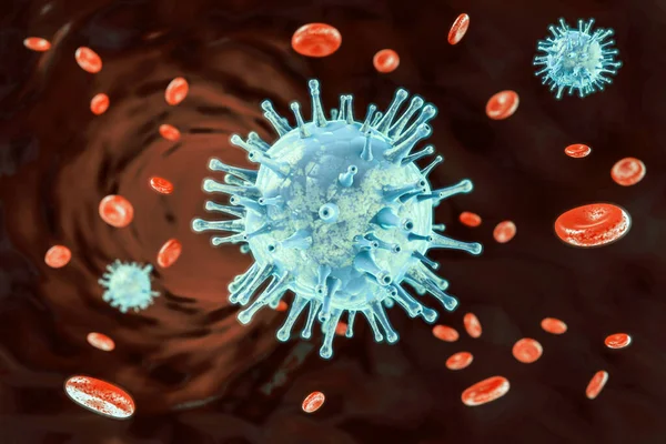 ブルーコロナウイルス2019 Ncov細胞および血液体 医療と免疫学の概念 3Dレンダリング — ストック写真