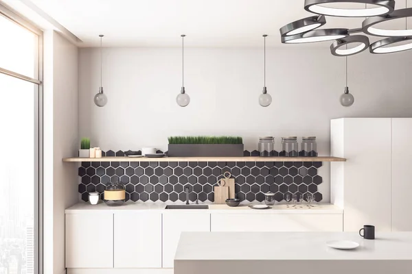 Interior Cocina Blanca Con Lámparas Concepto Diseño Estilo Renderizado — Foto de Stock