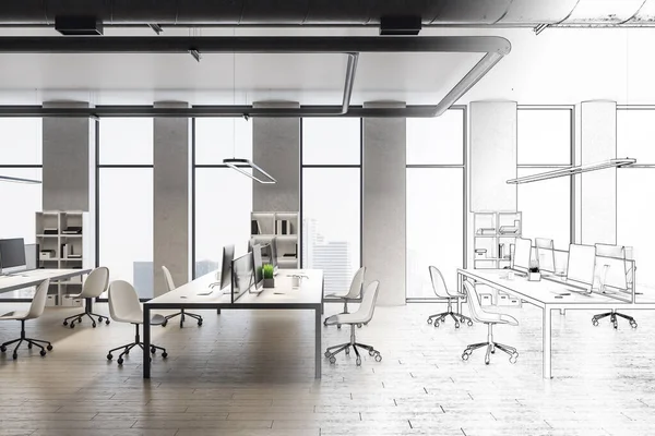 Dibujo Moderno Salón Interior Oficina Con Ordenador Vista Ciudad Lugar — Foto de Stock