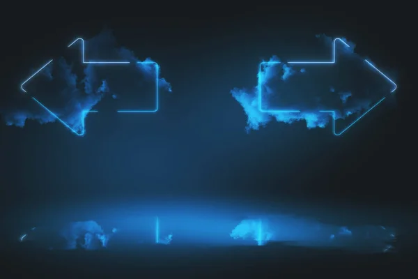 Dwie Neonowe Strzałki Dymem Niebieskim Tle Szykuj Się Renderowanie — Zdjęcie stockowe
