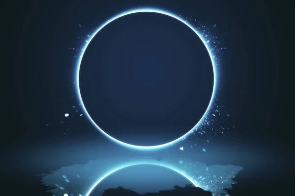 Néon Círculo Azul Com Reflexão Sobre Fundo Azul Faz Asneira — Fotografia de Stock