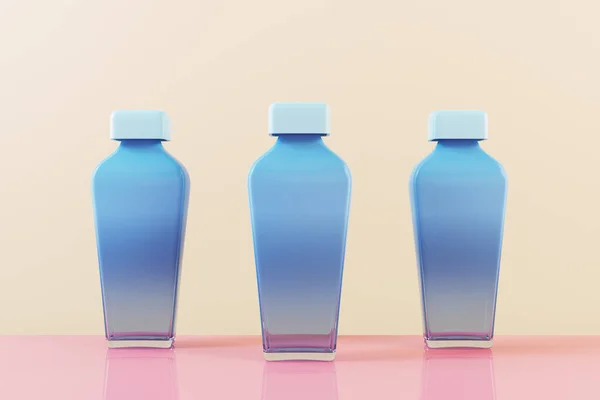 Trzy Niebieskie Butelki Szkła Perfumeryjnego Kosmetologia Koncepcja Higieny Makieta Renderowania — Zdjęcie stockowe