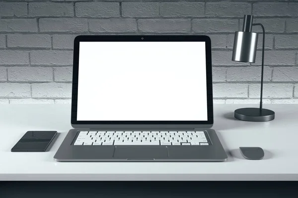 Clean designer desk with laptop blank screen and lamp. Web design concept. Mock up, 3D Rendering