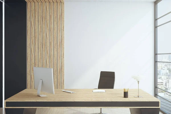 Zeitgenössischer Designer Desktop Mit Leerem Computerbildschirm Tastatur Und Holzwand Online — Stockfoto
