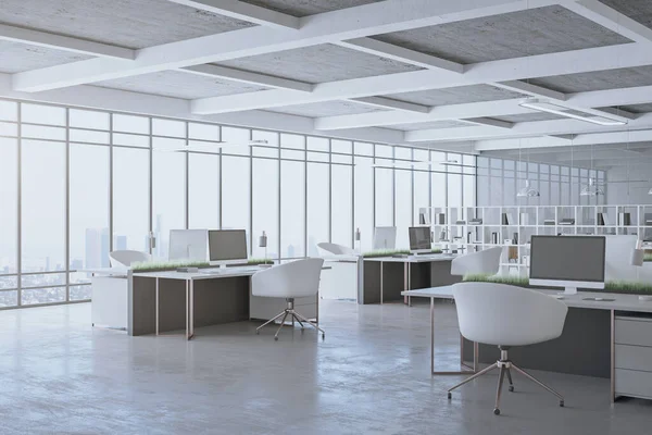 Coworking Office Interior Computers City View Workplace Lifestyle Concept Rendering — Stock Photo, Image