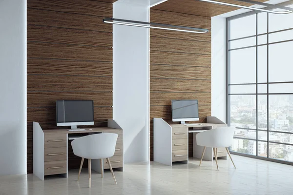 Moderno Interior Oficina Coworking Con Dos Computadoras Vista Ciudad Concepto —  Fotos de Stock
