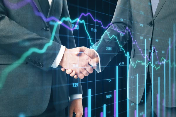 Businessmen shaking hands with forex chart on virtual screen. Finance and investment concept. Double exposure