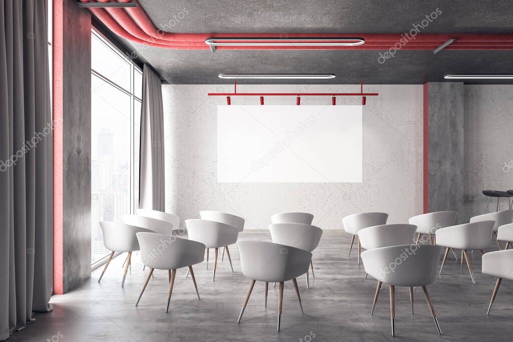 Contemporary  interior of a presentation room with chairs and blank screen. Conference and presentation concept. 3D Rendering