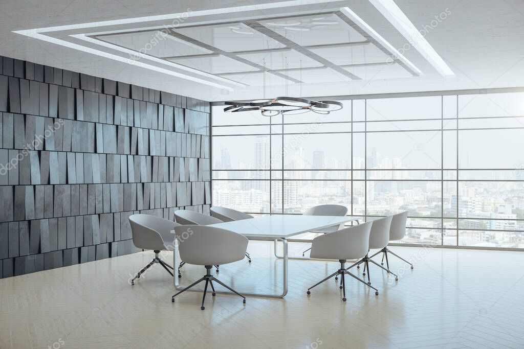 Modern conference office room with panoramic megapolis city view. Workplace and lifestyle concept. 3D Rendering