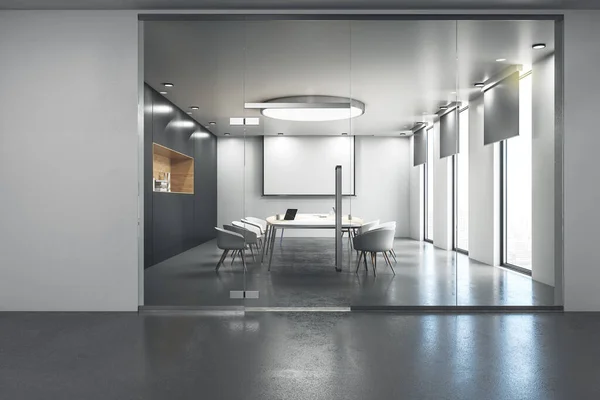 Conference room interior with blank tv screen on wall and city view. Workplace and corporate concept. 3D Rendering