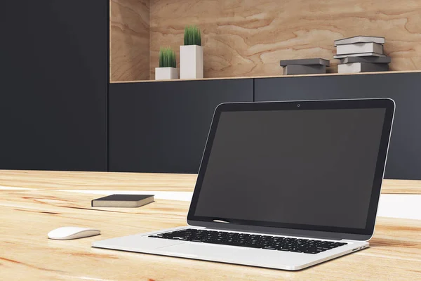 Μαύρη Οθόνη Laptop Designer Desktop Προμήθειες Στο Φόντο Του Γραφείου — Φωτογραφία Αρχείου