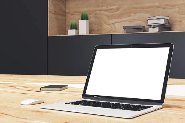 Üres Laptop Képernyő Tervező Asztali Kellékek Irodai Háttérrel Mock Renderelés — Stock Fotó