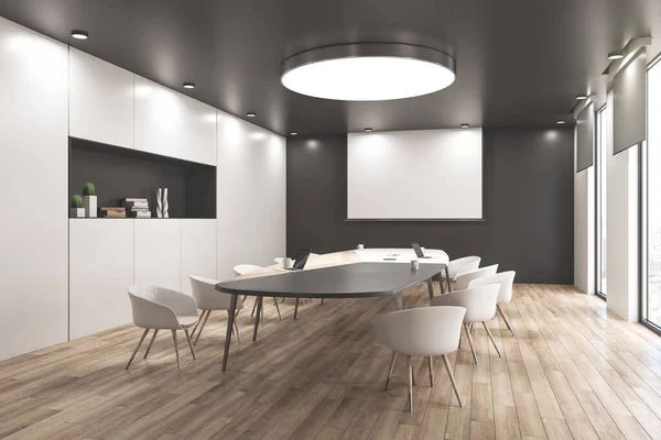 Modern meeting room interior with blank tv screen on wall and city view. Workplace and corporate concept. 3D Rendering