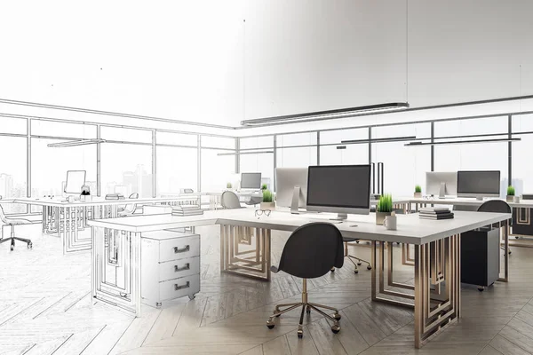 Dibujo Interior Oficina Con Vista Ciudad Computadoras Luz Natural Concepto — Foto de Stock