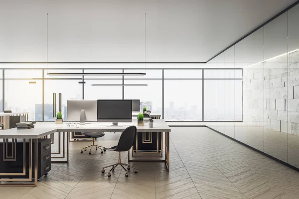 Luxusní Kancelářský Interiér Výhledem Město Počítači Denním Světlem Koncept Pracoviště — Stock fotografie