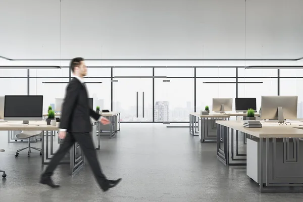 Businessman Walking Spacious Office Interior City View Computers Daylight Occupation — Stock Photo, Image