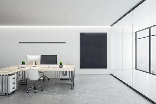 Sala Coworking Contemporánea Con Ordenadores Muebles Póster Blanco Pared Concepto —  Fotos de Stock