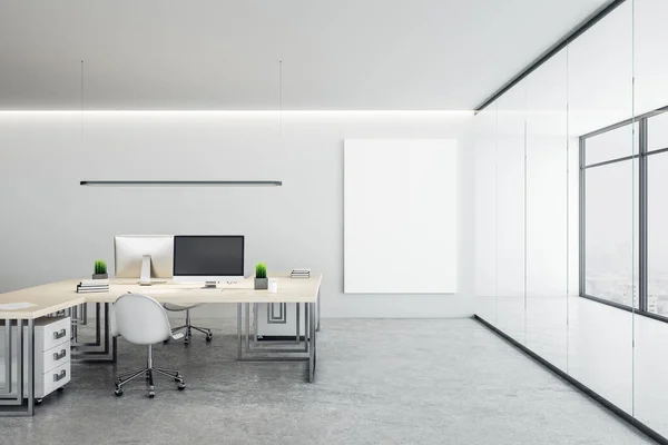 Coworking office room with computers, furniture and blank banner on wall. Workplace and lifestyle concept. 3D Rendering