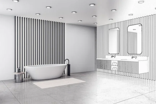 Weiße Badezimmereinrichtung Mit Badewanne Und Dekorativen Objekten Stil Und Hygienekonzept — Stockfoto