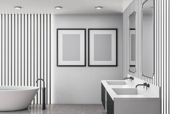 浴室内部有白色浴池 墙上有两张海报 风格和卫生概念 3D渲染 — 图库照片