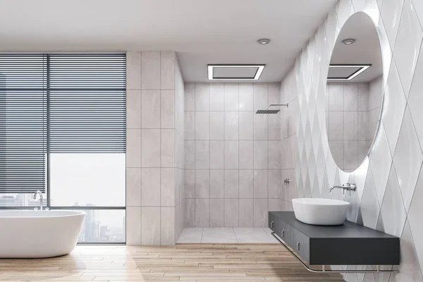 Minimalistic bathroom interior with decorative objects.  Style and hygiene concept. 3D Rendering