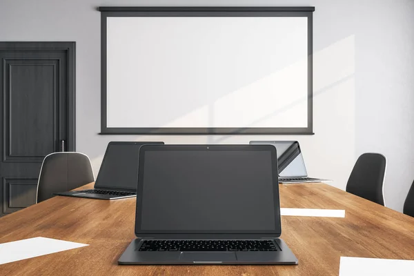 Contemporary Conference Room Interior Copy Space Screen Laptop Table Workplace — Stock Photo, Image