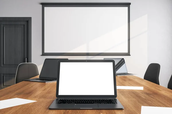 Modern Conference Room Interior Copy Space Screen Laptop Table Workplace — Stock Photo, Image