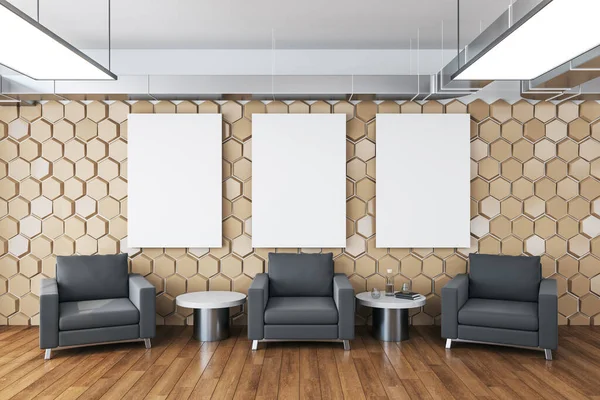Contemporary Waiting Room Three Chairs Blank Poster Wall Workplace Lifestyle — Stock Photo, Image