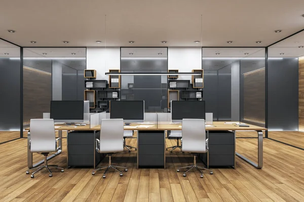 Minimalistyczne Wnętrze Biura Stolikami Komputerami Stojącymi Nich Renderowanie — Zdjęcie stockowe