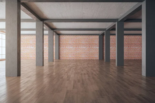 Moderní Cihlový Interiér Sloupy Dřevěnou Podlahou Prázdnou Stěnou Vykreslování — Stock fotografie