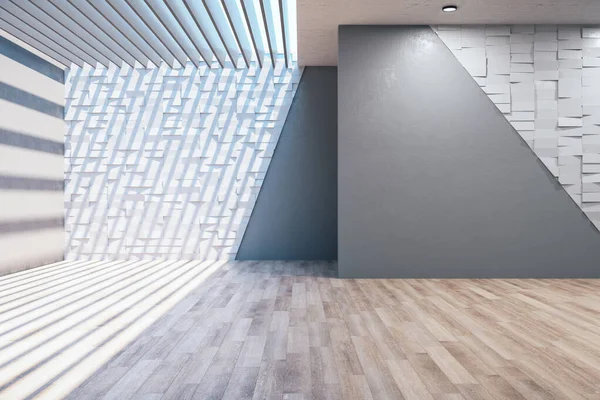 Moderní Interiér Galerie Abstraktní Prázdnou Stěnou Dřevěnou Podlahou Posměch Vykreslování — Stock fotografie