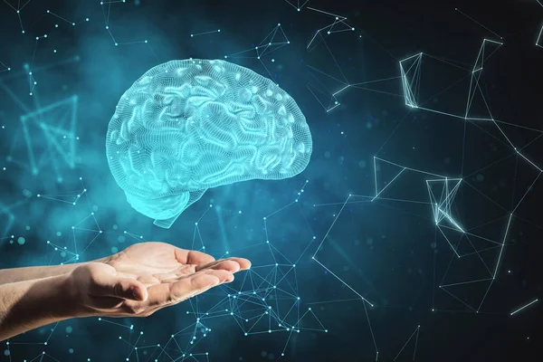 Handen Die Gloeiende Hersenen Vasthouden Wazige Achtergrond Kunstmatige Intelligentie Concept — Stockfoto