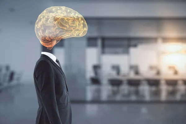 Forretningsmann Med Hjernehologram Stedet Hode Uklar Kontorbakgrunn Konsept Kunstig Intelligens – stockfoto