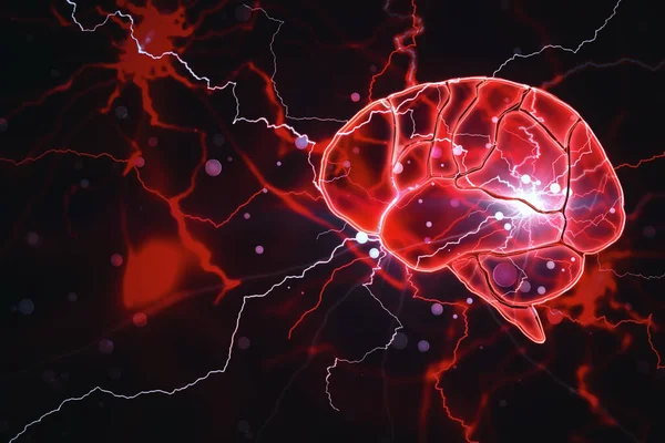 Creative tech brain and circulatory system on glowing connection background. Artificial intelligence and innovate concept. 3D Rendering