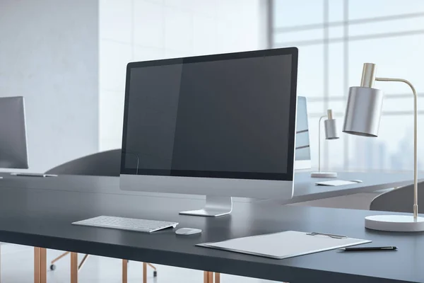 Desktop with blank personal computer screen. Workplace and lifestyle concept. Mock up, 3D Rendering