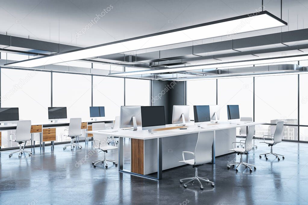 Contemporary coworking office room with equipment, computers and megapolis city view. 3D Rendering