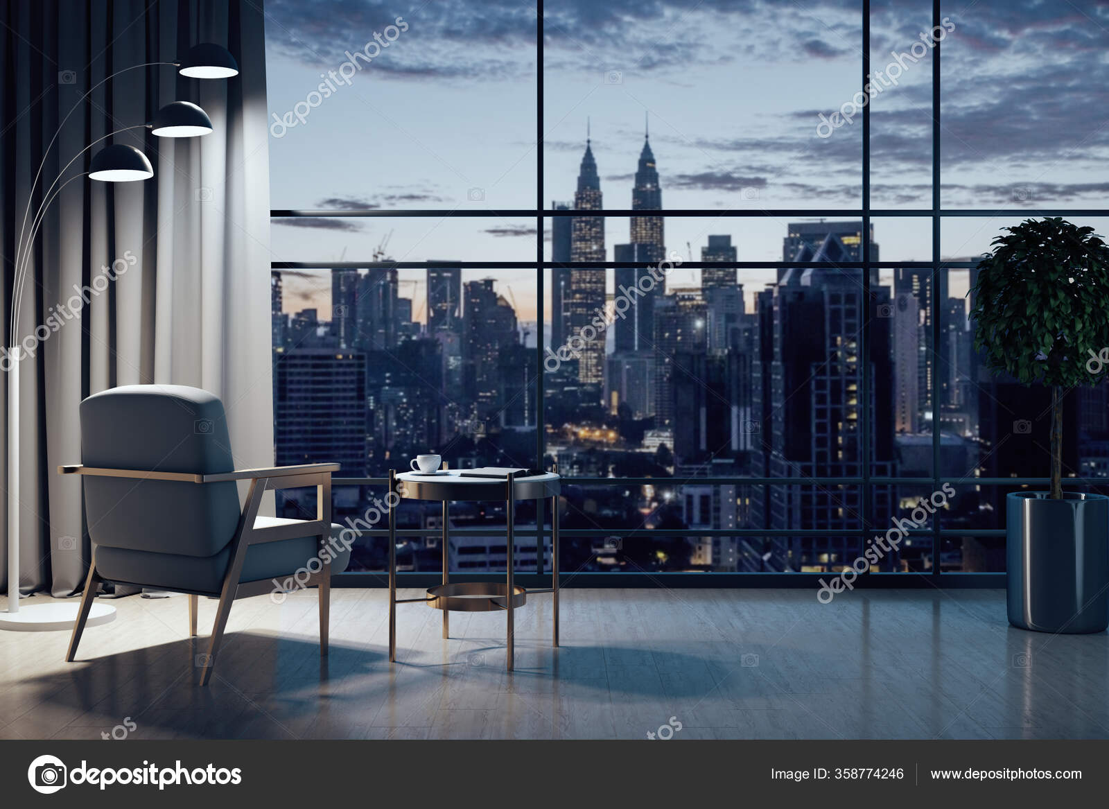 Chair Decorative Table Modern Living Room Night City View Design Stock Photo By C Peshkov Chair Decorative Table Modern Living Room Night City View Design Stock Photo By C Peshkov