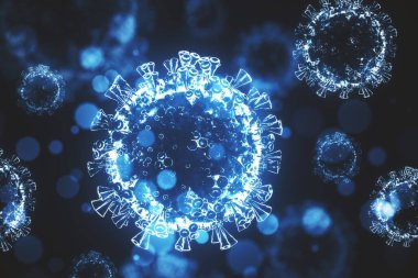 Mavi virüs hücrelerinin mikroskobik görüntüsü 2019-nCov. Coronavirus helath kriz konsepti. 3B Hazırlama